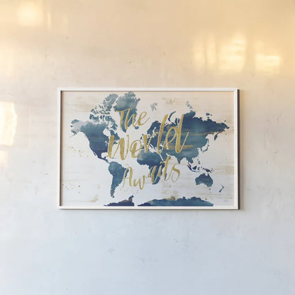 Desert Blooms Abstact Map The World by Laura Marshall. shown as a paper print in a white frame. Available as a archival giclee rolled canvas, fine art paper, or poster print. SKU 68566i.