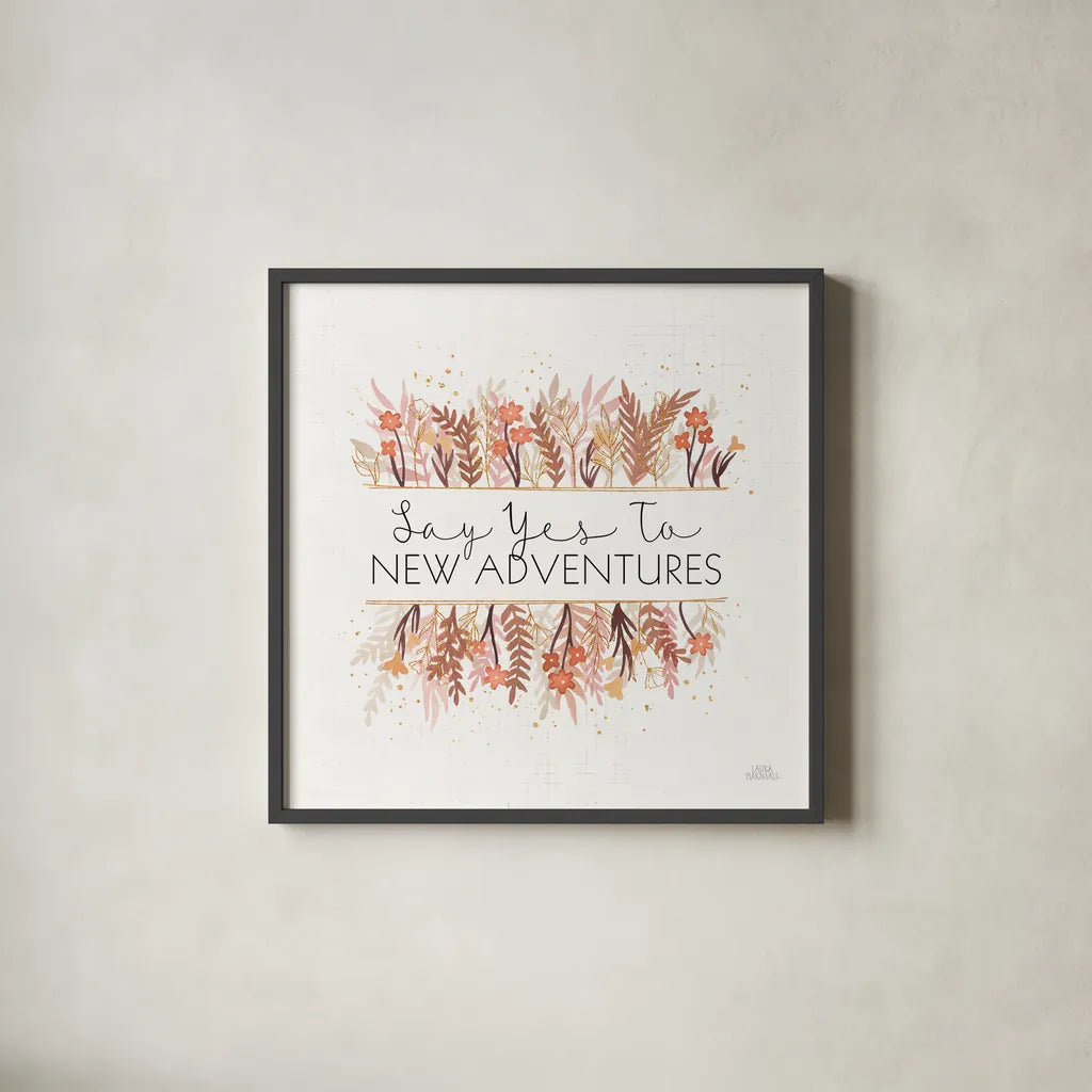 Desert Blooms II by Laura Marshall. Shown in a sleek black glass frame for a contemporary gallery look. Available as an archival giclee rolled canvas, fine art paper, or poster print. SKU 64843a.