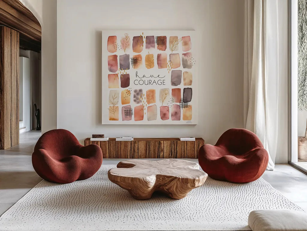 Desert Blooms V by Laura Marshall. Shown as extra-large giant wall art in a modern living room. Available as an archival giclee rolled canvas, fine art paper, or poster print. SKU 64846a.