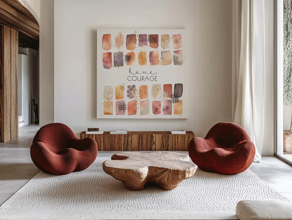 Desert Blooms VII by Laura Marshall. Shown as extra-large giant wall art in a modern living room. Available as an archival giclee rolled canvas, fine art paper, or poster print. SKU 67775a.
