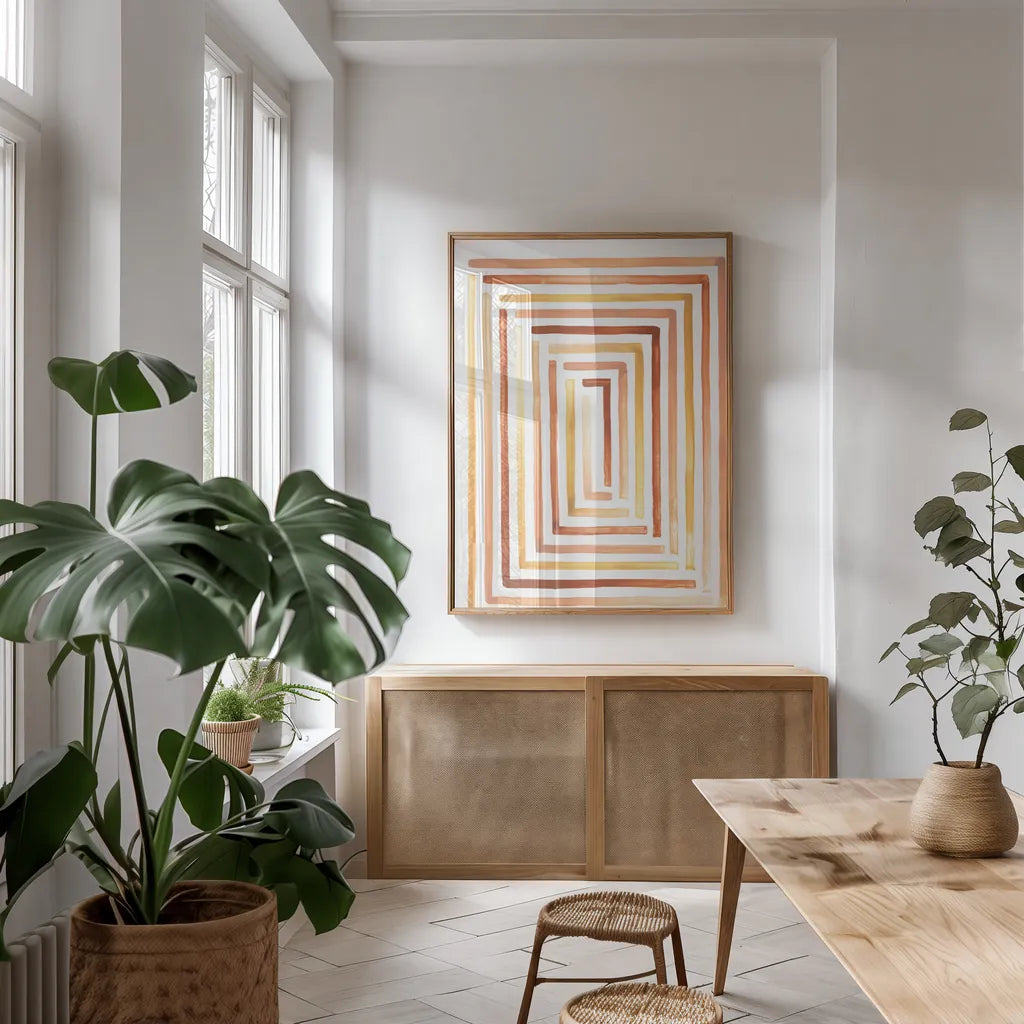 Desert Sunset II SP by Laura Marshall. shown as a print in a natural wood frame in a dining room. Available as a archival giclee rolled canvas, fine art paper, or poster print. SKU 76896h.