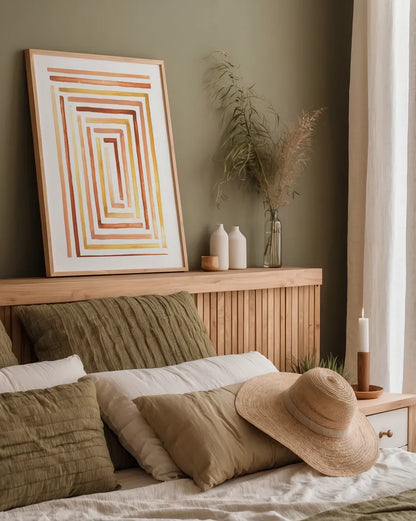 Desert Sunset II SP by Laura Marshall. shown as a paper print in a natural frame. Available as a archival giclee rolled canvas, fine art paper, or poster print. SKU 76896h.