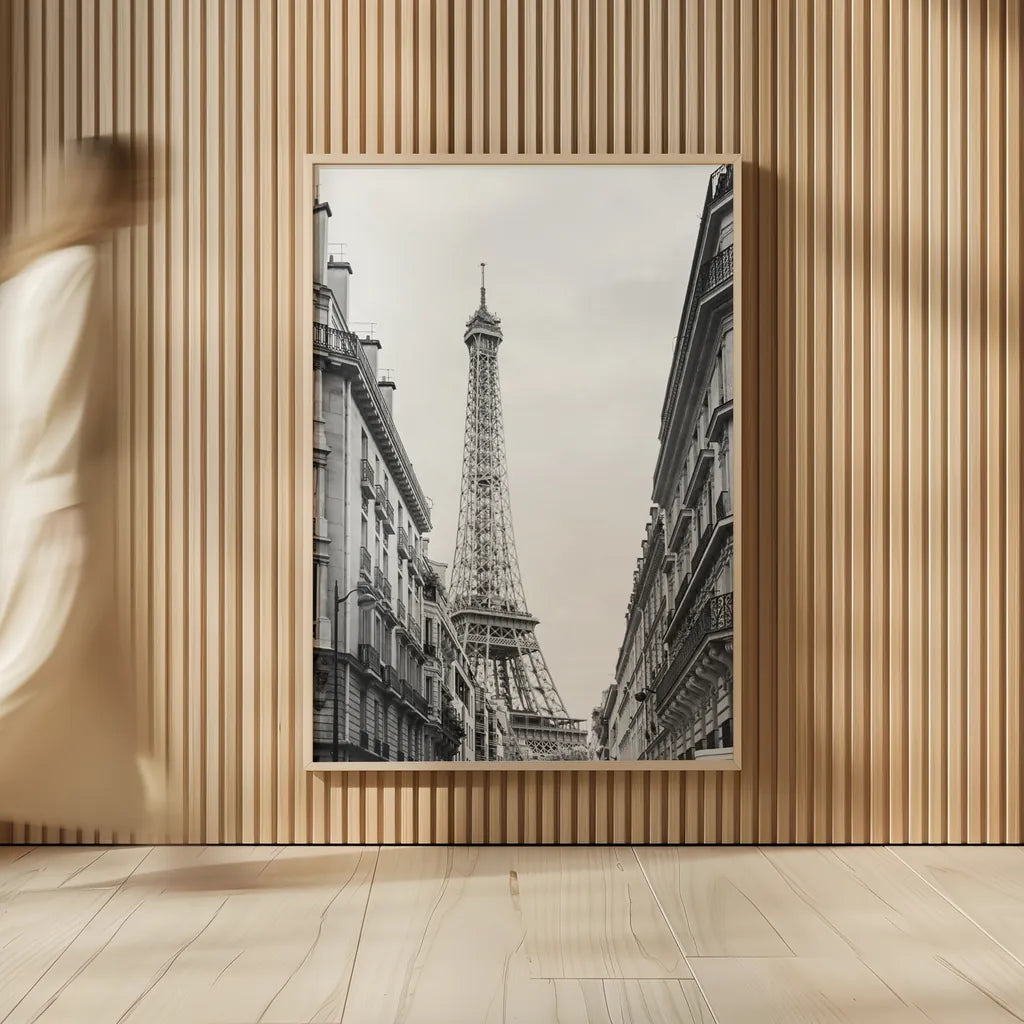 Eiffel Glimpse by Laura Marshall. shown as over sized large wall art. Available as an archival giclee rolled canvas, fine art paper, or poster print. SKU 25887h.