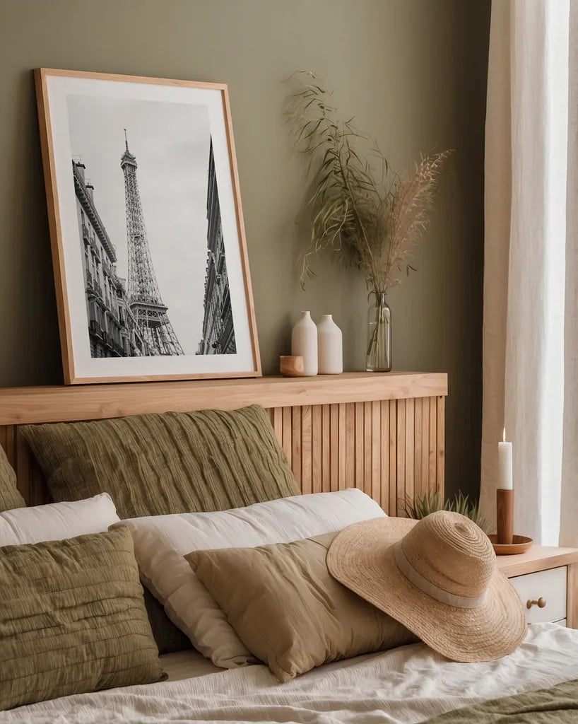 Eiffel Glimpse by Laura Marshall. shown as a paper print in a natural frame. Available as a archival giclee rolled canvas, fine art paper, or poster print. SKU 25887h.