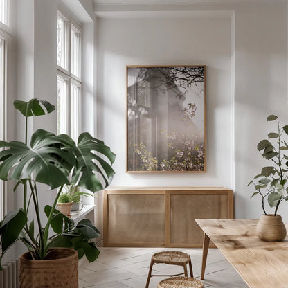 Eiffel Tower in Spring by Laura Marshall. shown as a print in a natural wood frame in a dining room. Available as a archival giclee rolled canvas, fine art paper, or poster print. SKU 17909h.