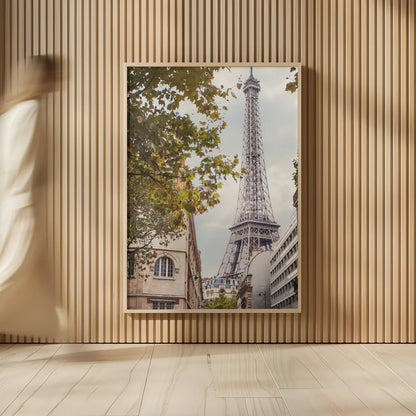 Eiffel View II by Laura Marshall. shown as over sized large wall art. Available as an archival giclee rolled canvas, fine art paper, or poster print. SKU 30543h.