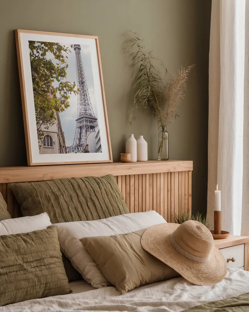 Eiffel View II by Laura Marshall. shown as a paper print in a natural frame. Available as a archival giclee rolled canvas, fine art paper, or poster print. SKU 30543h.