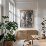 Elska I BW by Laura Marshall. shown as a print in a natural wood frame in a dining room. Available as a archival giclee rolled canvas, fine art paper, or poster print. SKU 49815h.