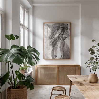 Elska II BW by Laura Marshall. shown as a print in a natural wood frame in a dining room. Available as a archival giclee rolled canvas, fine art paper, or poster print. SKU 49817h.