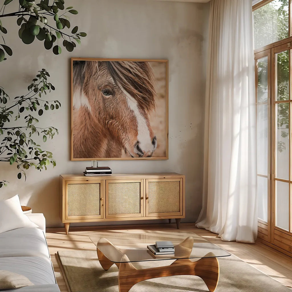 Elska III by Laura Marshall. Shown in a natural wood frame in a cozy modern living room. Available as an archival giclee rolled canvas, fine art paper, or poster print. SKU 49818a.