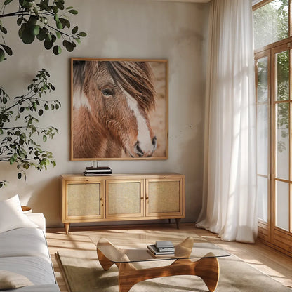 Elska III by Laura Marshall. Shown in a natural wood frame in a cozy modern living room. Available as an archival giclee rolled canvas, fine art paper, or poster print. SKU 49818a.