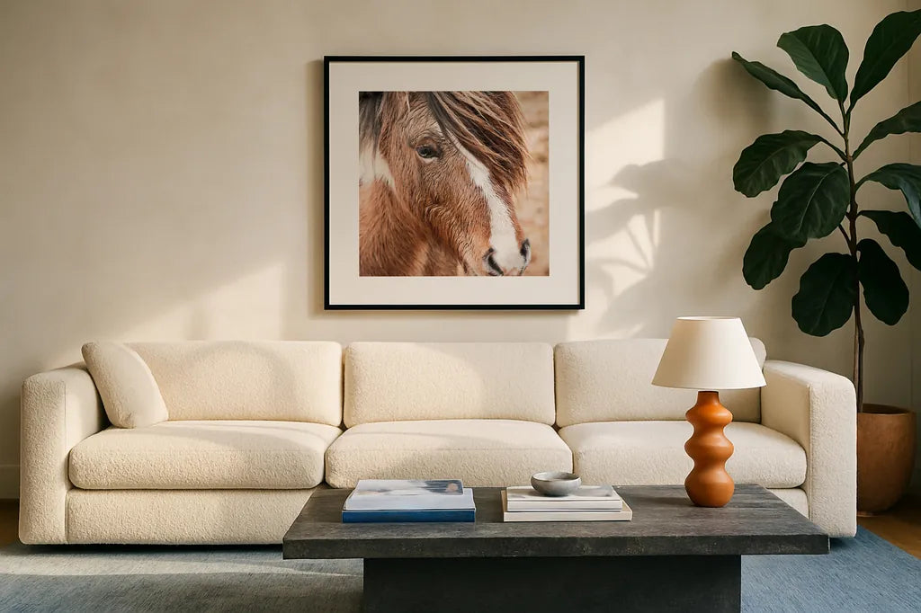 Elska III by Laura Marshall. Displayed in a glass frame with matte in a clean modern living room. Available as an archival giclee rolled canvas, fine art paper, or poster print. SKU 49818a.