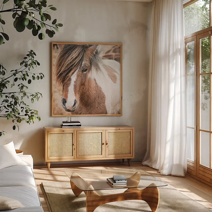 Elska IV by Laura Marshall. Shown in a natural wood frame in a cozy modern living room. Available as an archival giclee rolled canvas, fine art paper, or poster print. SKU 49820a.