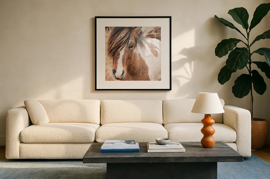 Elska IV by Laura Marshall. Displayed in a glass frame with matte in a clean modern living room. Available as an archival giclee rolled canvas, fine art paper, or poster print. SKU 49820a.