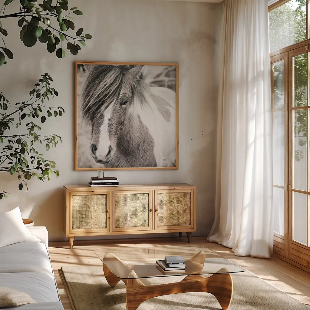 Elska IV BW by Laura Marshall. Shown in a natural wood frame in a cozy modern living room. Available as an archival giclee rolled canvas, fine art paper, or poster print. SKU 49821a.