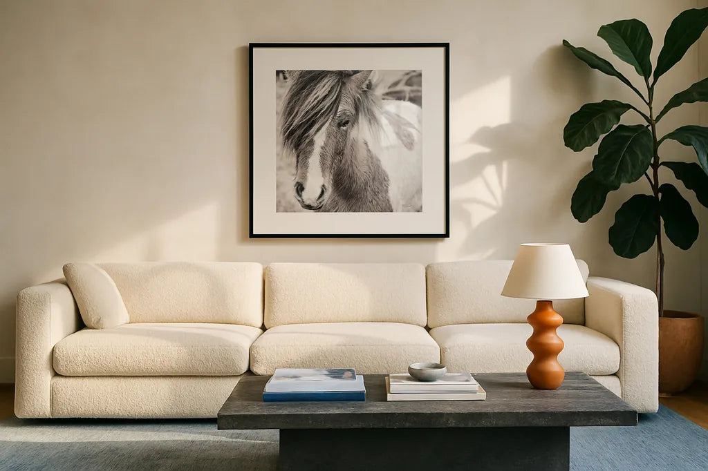 Elska IV BW by Laura Marshall. Displayed in a glass frame with matte in a clean modern living room. Available as an archival giclee rolled canvas, fine art paper, or poster print. SKU 49821a.