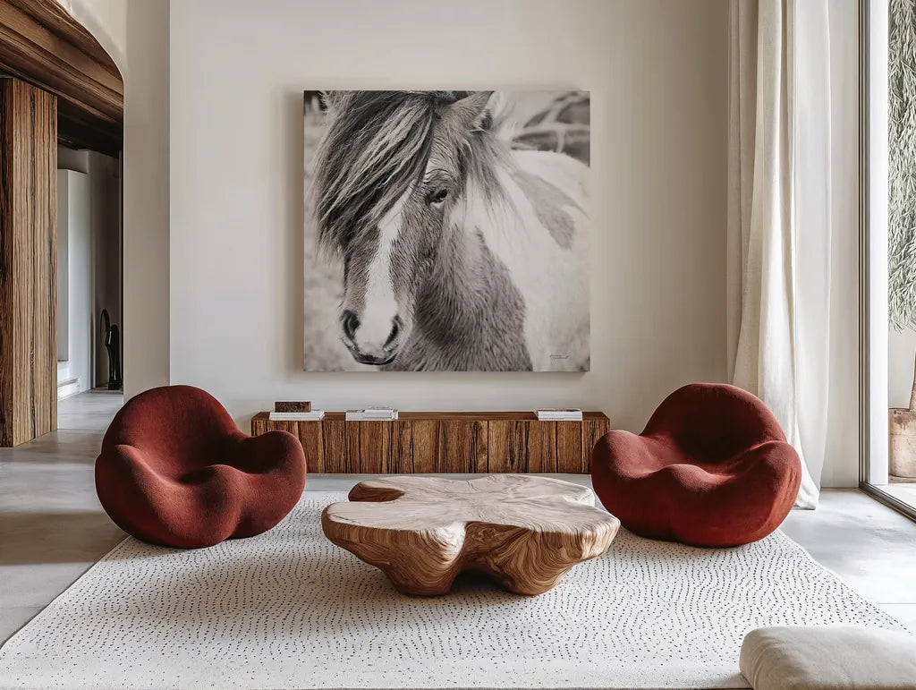 Elska IV BW by Laura Marshall. Shown as extra-large giant wall art in a modern living room. Available as an archival giclee rolled canvas, fine art paper, or poster print. SKU 49821a.