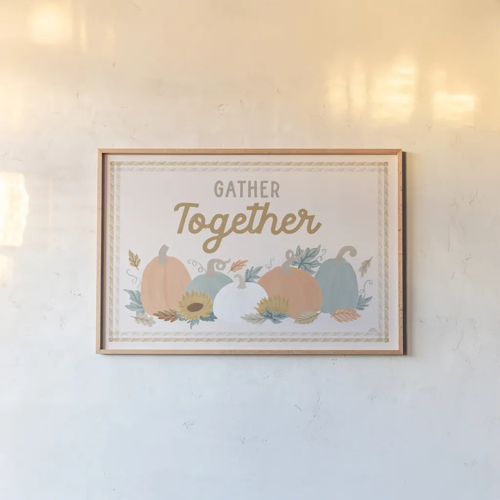 Festive Friendsgiving I by Laura Marshall. shown as a paper print in a natural frame. Available as a archival giclee rolled canvas, fine art paper, or poster print. SKU 80539i.