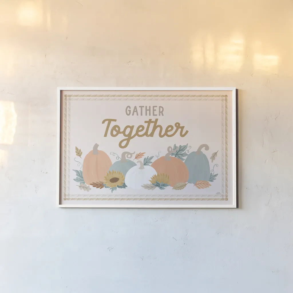 Festive Friendsgiving I by Laura Marshall. shown as a paper print in a white frame. Available as a archival giclee rolled canvas, fine art paper, or poster print. SKU 80539i.