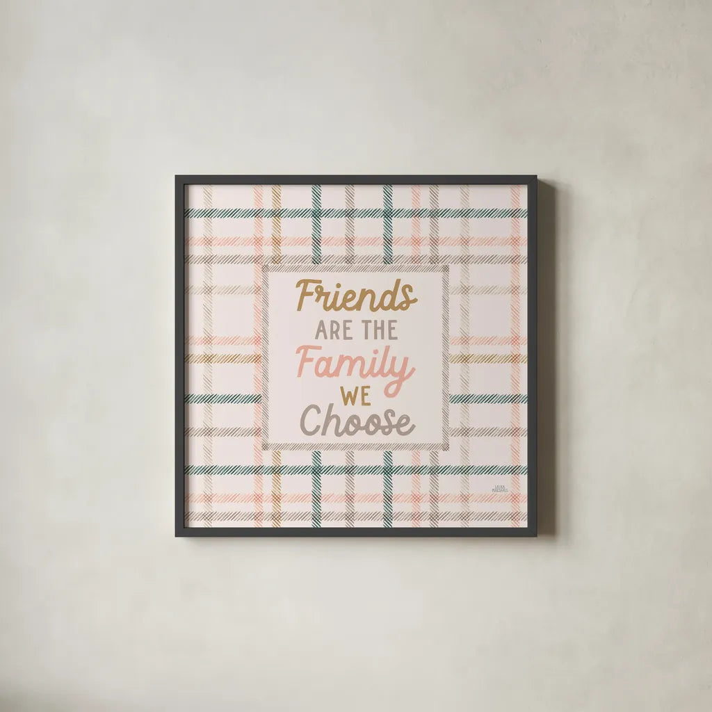 Festive Friendsgiving V by Laura Marshall. Shown in a sleek black glass frame for a contemporary gallery look. Available as an archival giclee rolled canvas, fine art paper, or poster print. SKU 80543a.