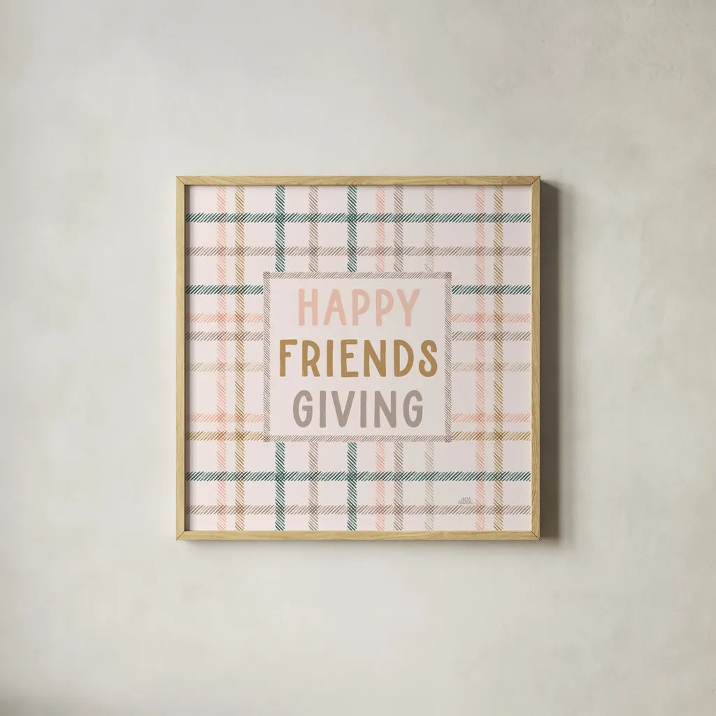 Festive Friendsgiving VI by Laura Marshall. Shown in a natural wood glass frame for a timeless modern aesthetic. Available as an archival giclee rolled canvas, fine art paper, or poster print. SKU 80544a.