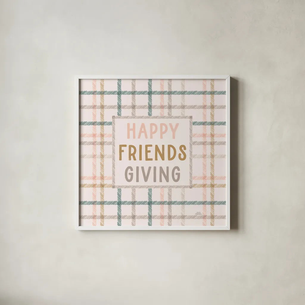 Festive Friendsgiving VI by Laura Marshall. Shown in a crisp white glass frame for a clean and minimalist style. Available as an archival giclee rolled canvas, fine art paper, or poster print. SKU 80544a.