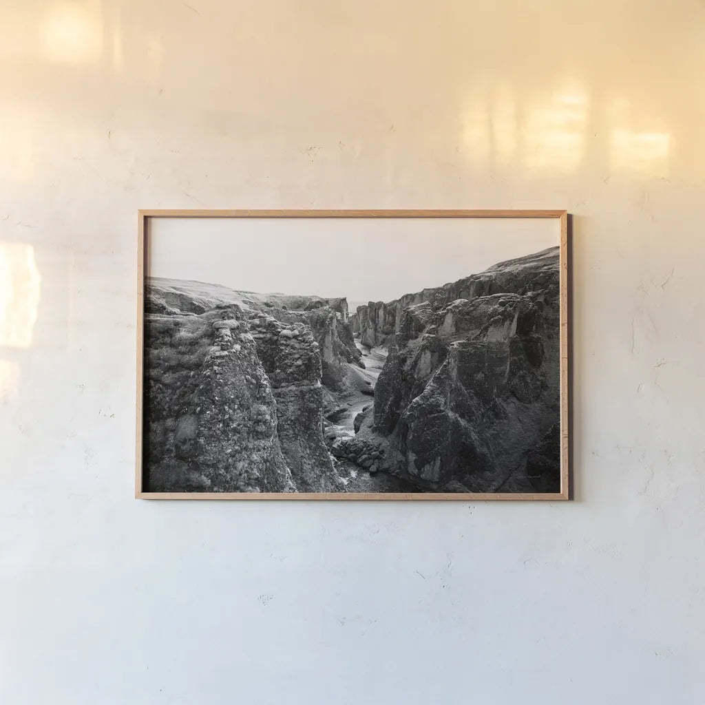 Fjadrargljufur by Laura Marshall. shown as a paper print in a natural frame. Available as a archival giclee rolled canvas, fine art paper, or poster print. SKU 64393i.