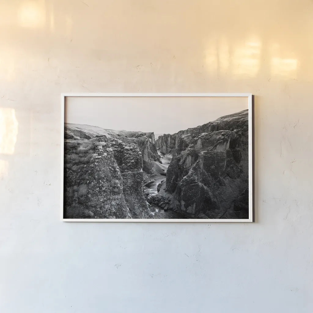 Fjadrargljufur by Laura Marshall. shown as a paper print in a white frame. Available as a archival giclee rolled canvas, fine art paper, or poster print. SKU 64393i.