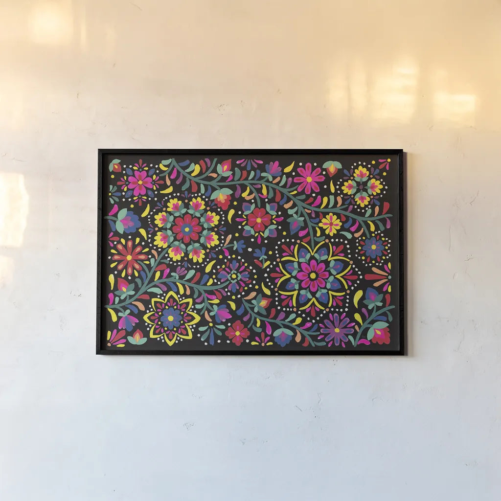 Floral Fiesta I by Laura Marshall. shown as a paper print in a black flame. Available as a archival giclee rolled canvas, fine art paper, or poster print. SKU 41498i.