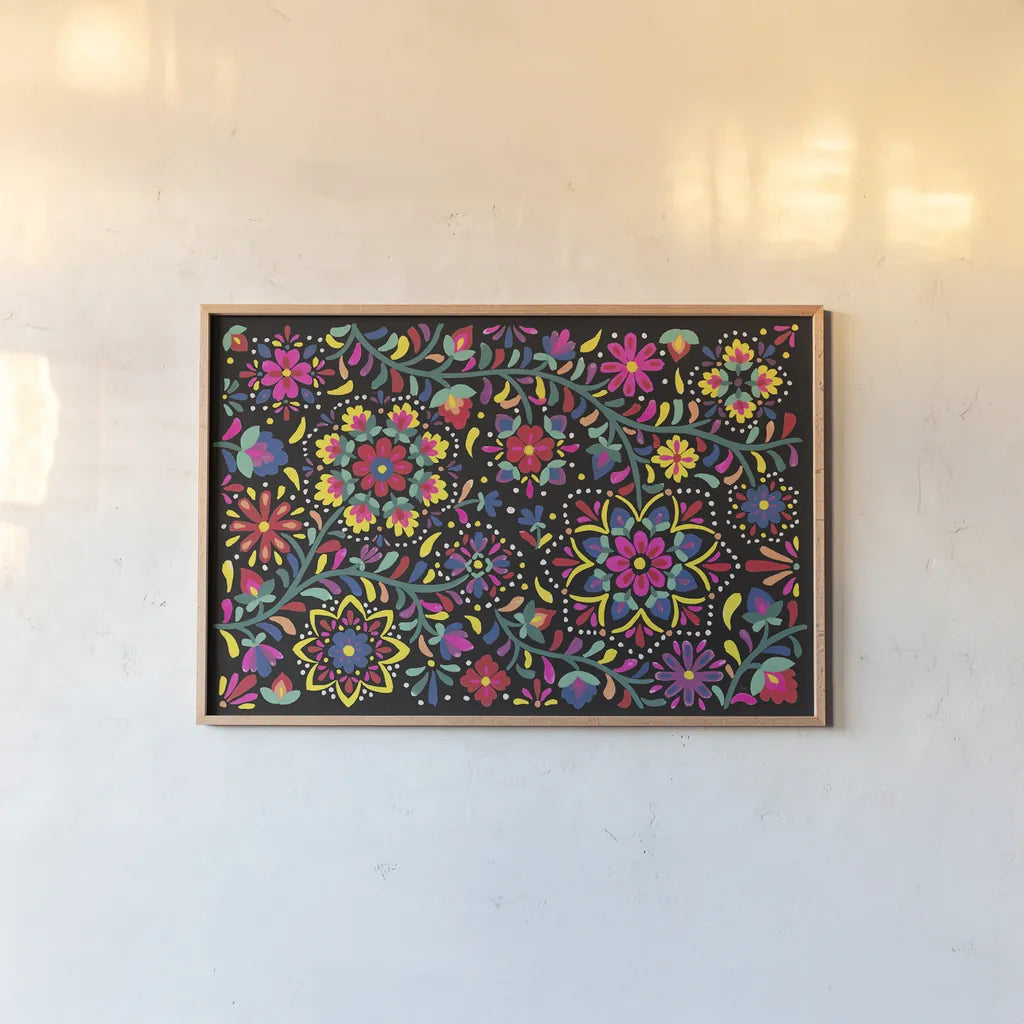 Floral Fiesta I by Laura Marshall. shown as a paper print in a natural frame. Available as a archival giclee rolled canvas, fine art paper, or poster print. SKU 41498i.