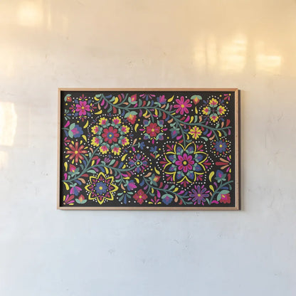 Floral Fiesta I by Laura Marshall. shown as a paper print in a natural frame. Available as a archival giclee rolled canvas, fine art paper, or poster print. SKU 41498i.