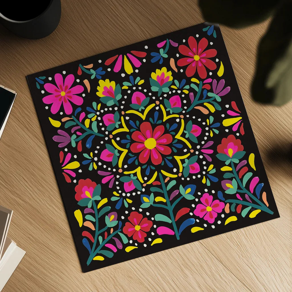 Floral Fiesta II by Laura Marshall. Shown as a detailed flat fine art print, highlighting archival giclee quality. Available as an archival giclee rolled canvas, fine art paper, or poster print. SKU 41499a.