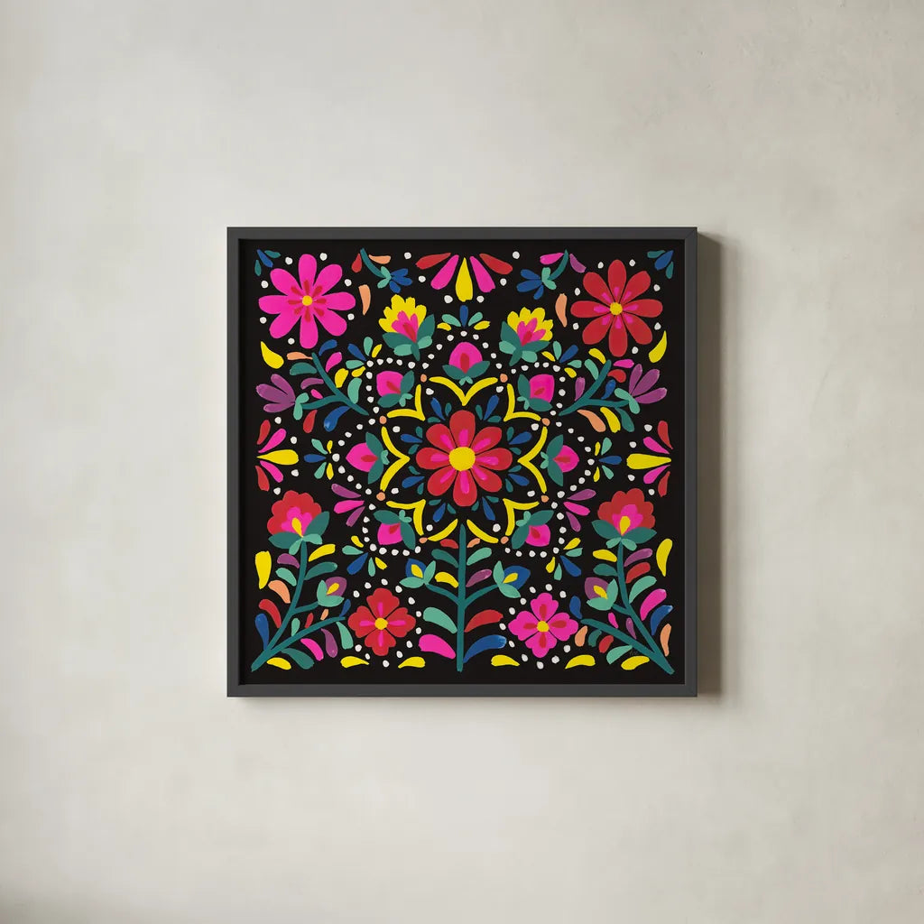 Floral Fiesta II by Laura Marshall. Shown in a sleek black glass frame for a contemporary gallery look. Available as an archival giclee rolled canvas, fine art paper, or poster print. SKU 41499a.