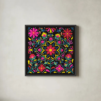 Floral Fiesta II by Laura Marshall. Shown in a sleek black glass frame for a contemporary gallery look. Available as an archival giclee rolled canvas, fine art paper, or poster print. SKU 41499a.