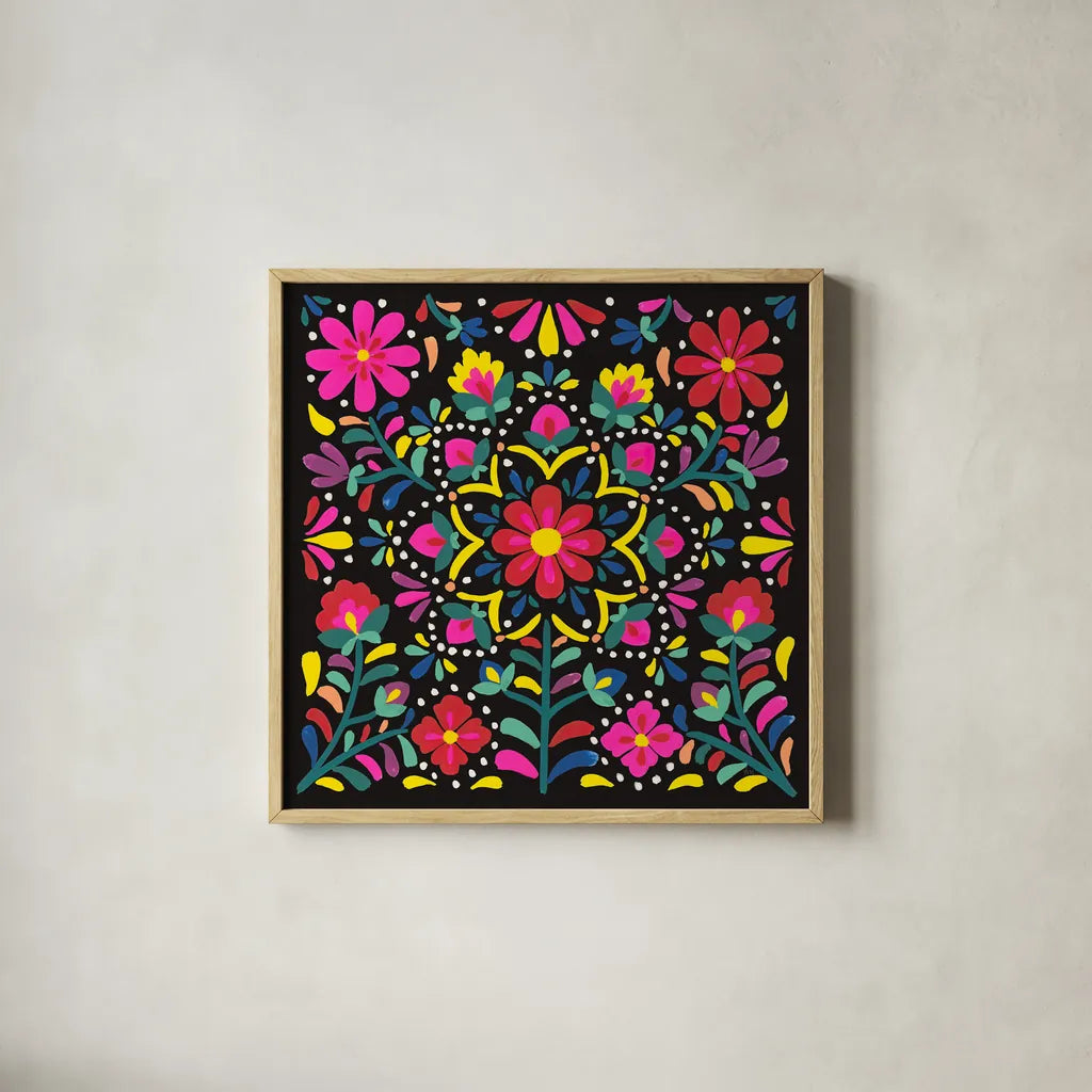 Floral Fiesta II by Laura Marshall. Shown in a natural wood glass frame for a timeless modern aesthetic. Available as an archival giclee rolled canvas, fine art paper, or poster print. SKU 41499a.