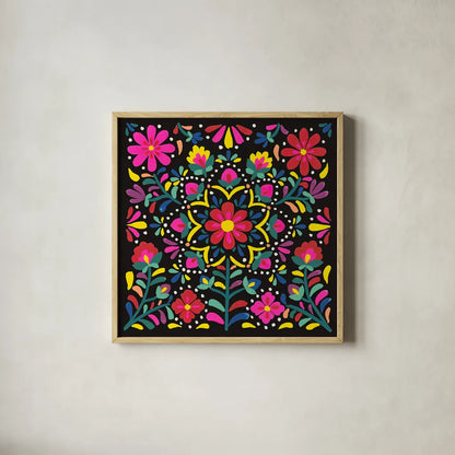 Floral Fiesta II by Laura Marshall. Shown in a natural wood glass frame for a timeless modern aesthetic. Available as an archival giclee rolled canvas, fine art paper, or poster print. SKU 41499a.
