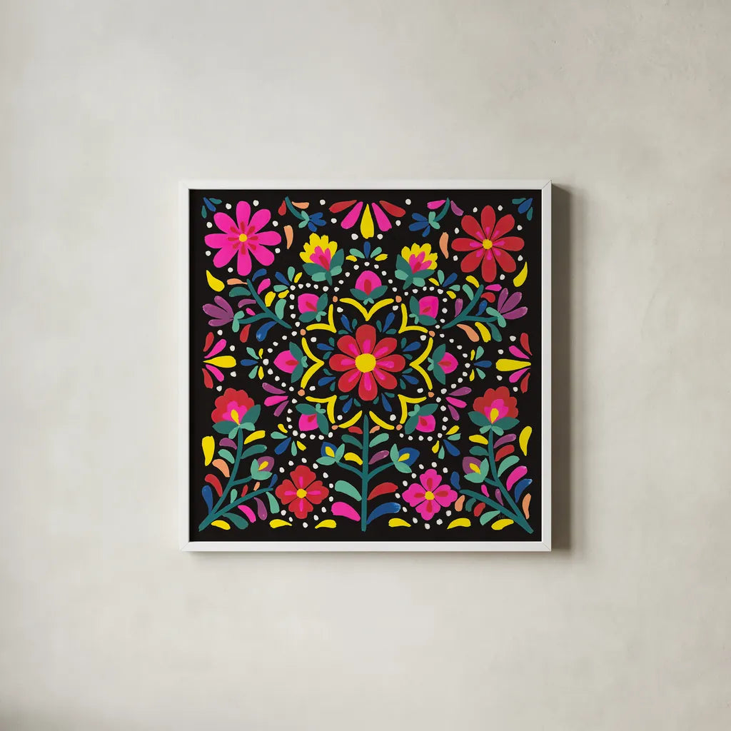 Floral Fiesta II by Laura Marshall. Shown in a crisp white glass frame for a clean and minimalist style. Available as an archival giclee rolled canvas, fine art paper, or poster print. SKU 41499a.