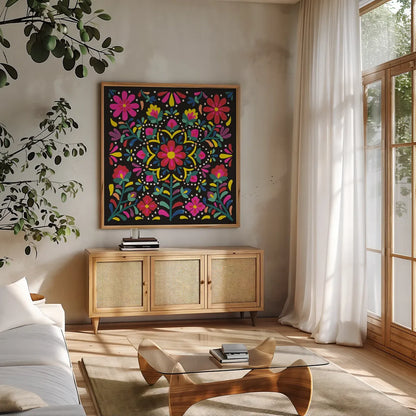 Floral Fiesta II by Laura Marshall. Shown in a natural wood frame in a cozy modern living room. Available as an archival giclee rolled canvas, fine art paper, or poster print. SKU 41499a.