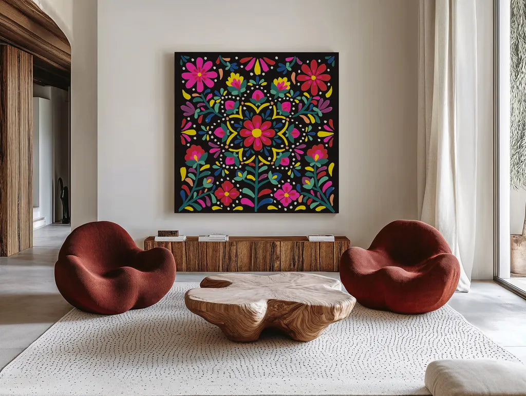 Floral Fiesta II by Laura Marshall. Shown as extra-large giant wall art in a modern living room. Available as an archival giclee rolled canvas, fine art paper, or poster print. SKU 41499a.