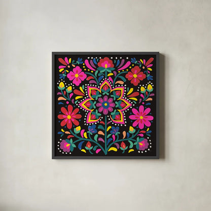 Floral Fiesta III by Laura Marshall. Shown in a sleek black glass frame for a contemporary gallery look. Available as an archival giclee rolled canvas, fine art paper, or poster print. SKU 41500a.