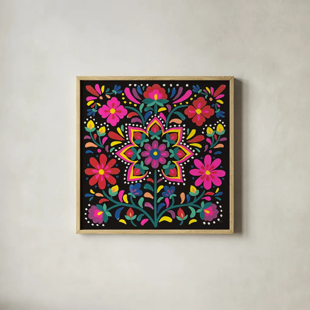 Floral Fiesta III by Laura Marshall. Shown in a natural wood glass frame for a timeless modern aesthetic. Available as an archival giclee rolled canvas, fine art paper, or poster print. SKU 41500a.