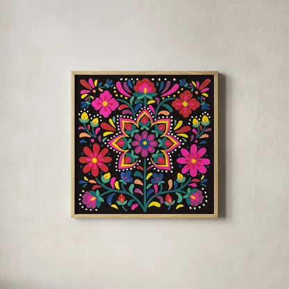Floral Fiesta III by Laura Marshall. Shown in a natural wood glass frame for a timeless modern aesthetic. Available as an archival giclee rolled canvas, fine art paper, or poster print. SKU 41500a.