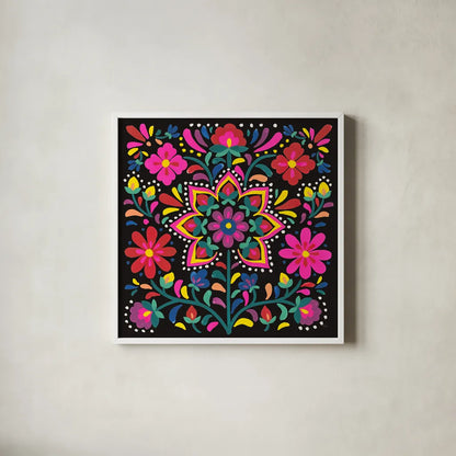 Floral Fiesta III by Laura Marshall. Shown in a crisp white glass frame for a clean and minimalist style. Available as an archival giclee rolled canvas, fine art paper, or poster print. SKU 41500a.