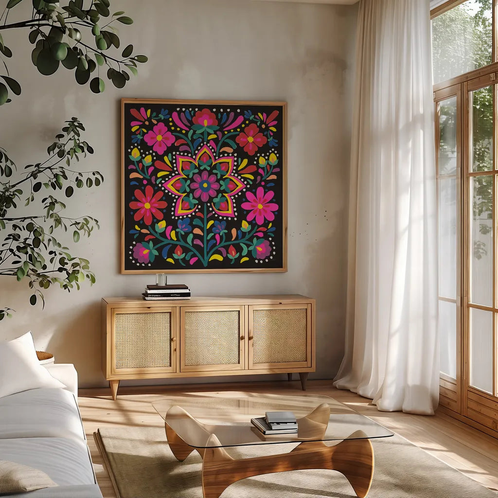 Floral Fiesta III by Laura Marshall. Shown in a natural wood frame in a cozy modern living room. Available as an archival giclee rolled canvas, fine art paper, or poster print. SKU 41500a.