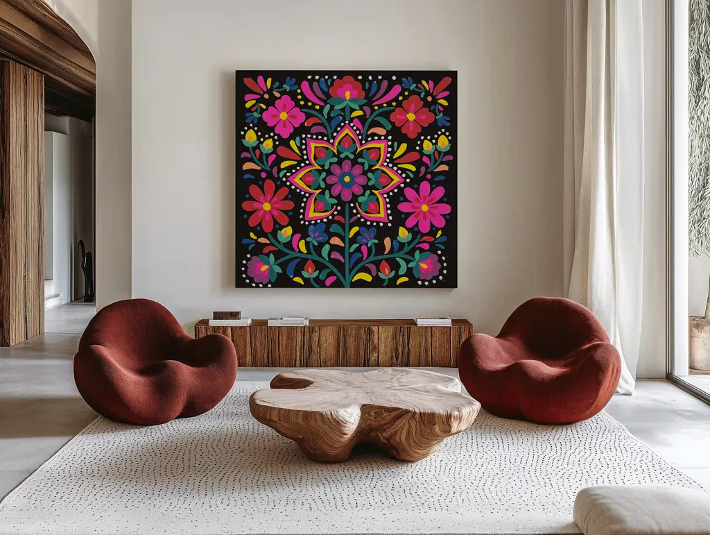 Floral Fiesta III by Laura Marshall. Shown as extra-large giant wall art in a modern living room. Available as an archival giclee rolled canvas, fine art paper, or poster print. SKU 41500a.