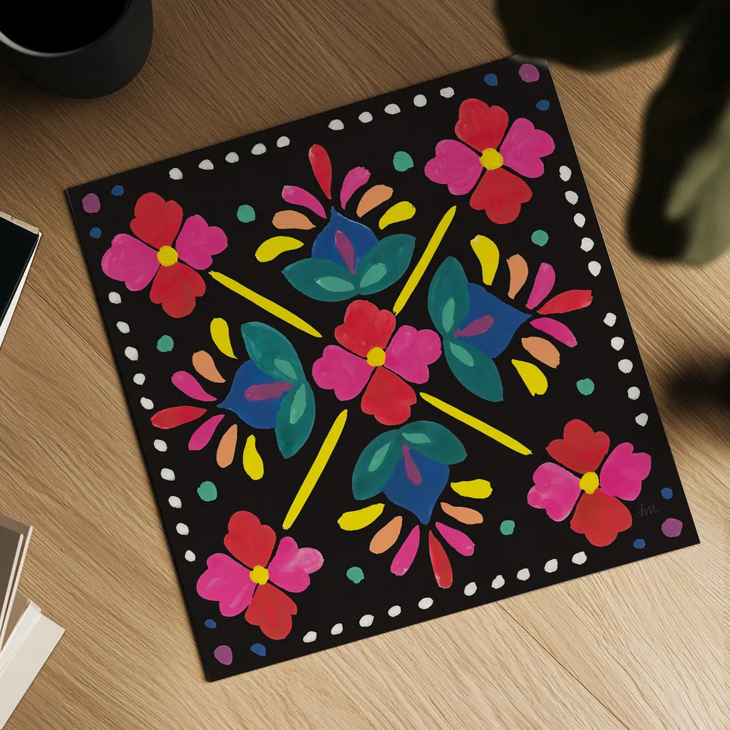 Floral Fiesta Tile I by Laura Marshall. Shown as a detailed flat fine art print, highlighting archival giclee quality. Available as an archival giclee rolled canvas, fine art paper, or poster print. SKU 41503a.