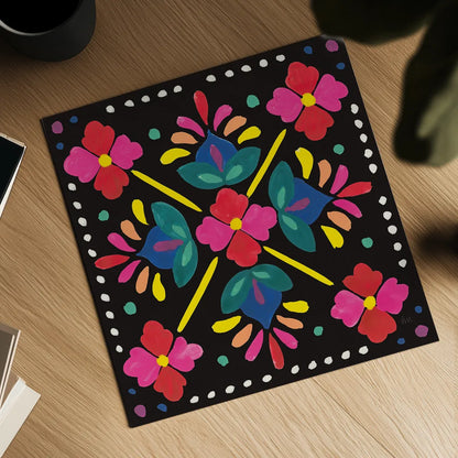 Floral Fiesta Tile I by Laura Marshall. Shown as a detailed flat fine art print, highlighting archival giclee quality. Available as an archival giclee rolled canvas, fine art paper, or poster print. SKU 41503a.