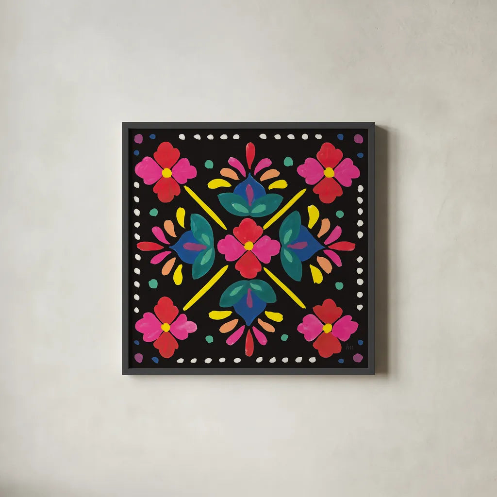 Floral Fiesta Tile I by Laura Marshall. Shown in a sleek black glass frame for a contemporary gallery look. Available as an archival giclee rolled canvas, fine art paper, or poster print. SKU 41503a.