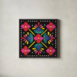 Floral Fiesta Tile I by Laura Marshall. Shown in a sleek black glass frame for a contemporary gallery look. Available as an archival giclee rolled canvas, fine art paper, or poster print. SKU 41503a.