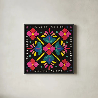 Floral Fiesta Tile I by Laura Marshall. Shown in a sleek black glass frame for a contemporary gallery look. Available as an archival giclee rolled canvas, fine art paper, or poster print. SKU 41503a.